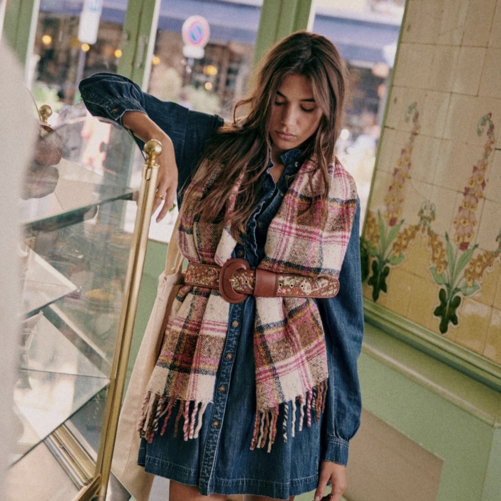 Sezane Glasgow Scarf in Violet Check Virgin Wool